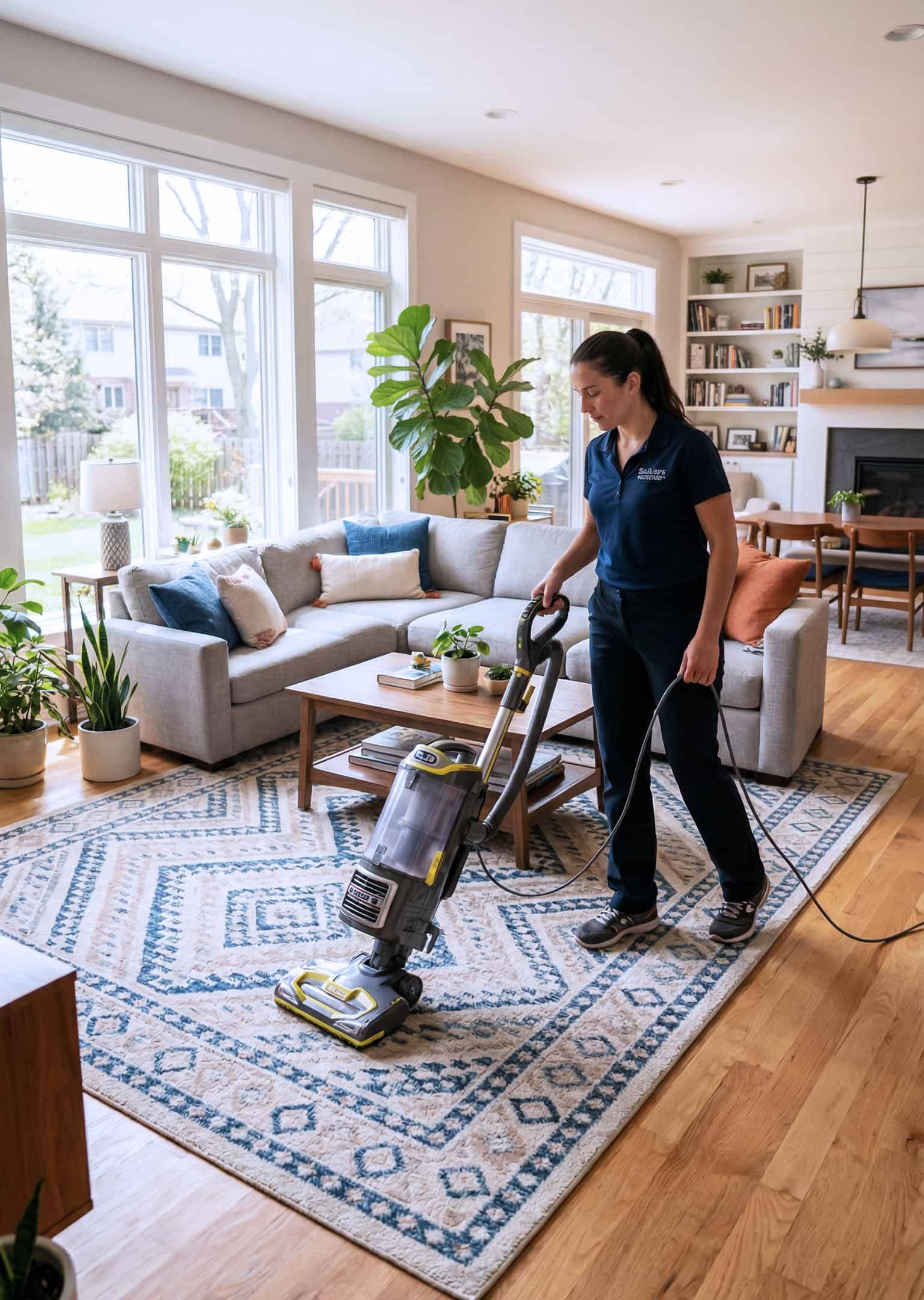 Professional_house_cleaner_vacuuming_in_south_suburbs Professional house cleaner vacuuming a bright suburban living room, large windows with natural sunlight, comfortable family home with couch and rug, modern suburban interior typical of Chicago suburbs, neat and welcoming atmosphere, realistic photography, natural lighting, depth of field, 16:9