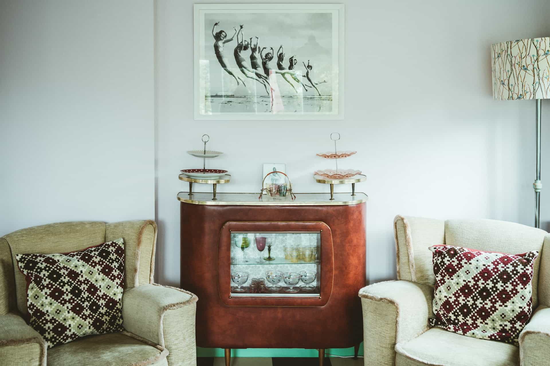 Vintage living room with retro decor and modern furniture.