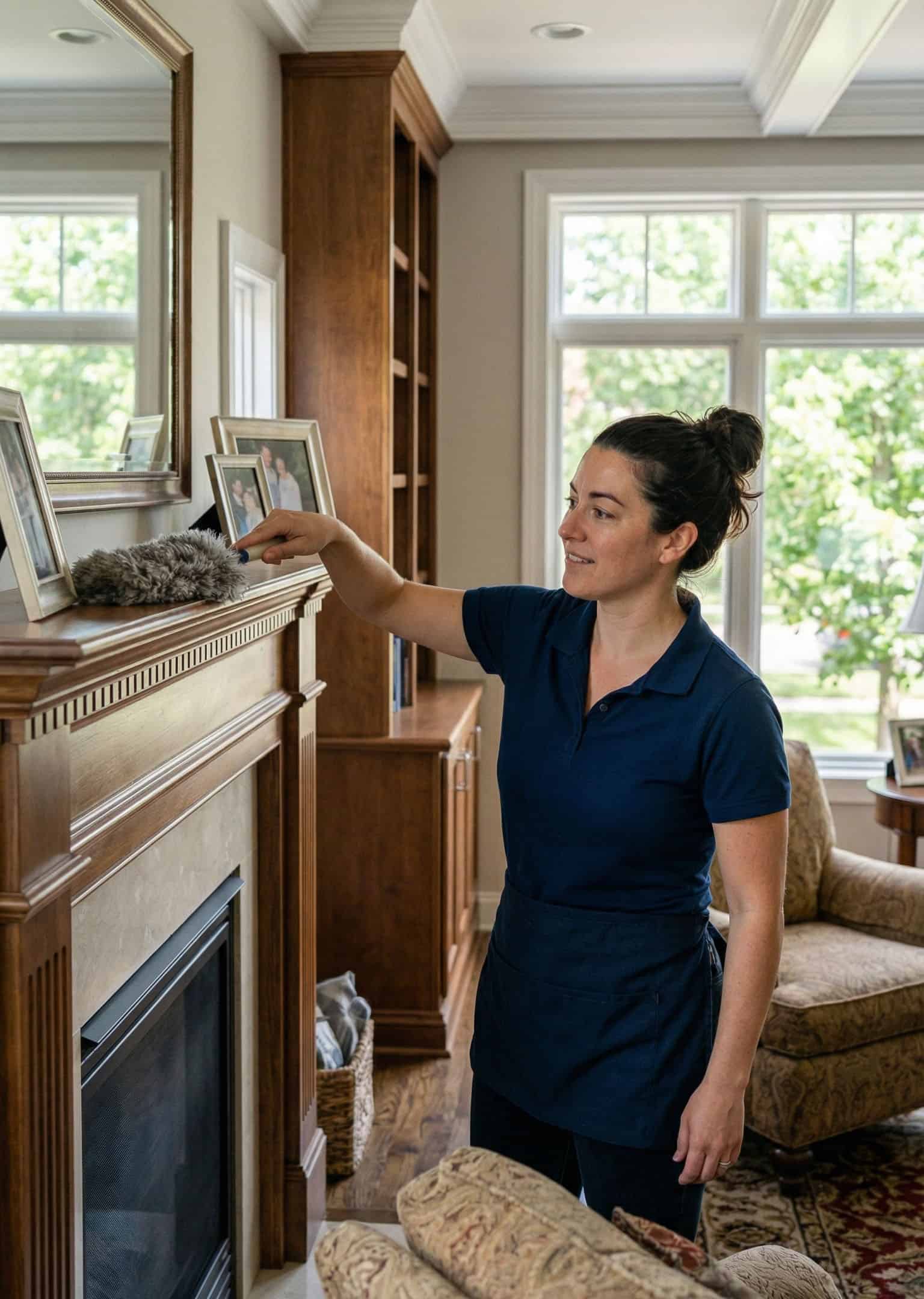 house-cleaning-northwest-suburbs-chicago Professional house cleaner cleaning a kitchen in a Chicago northwest suburbs home