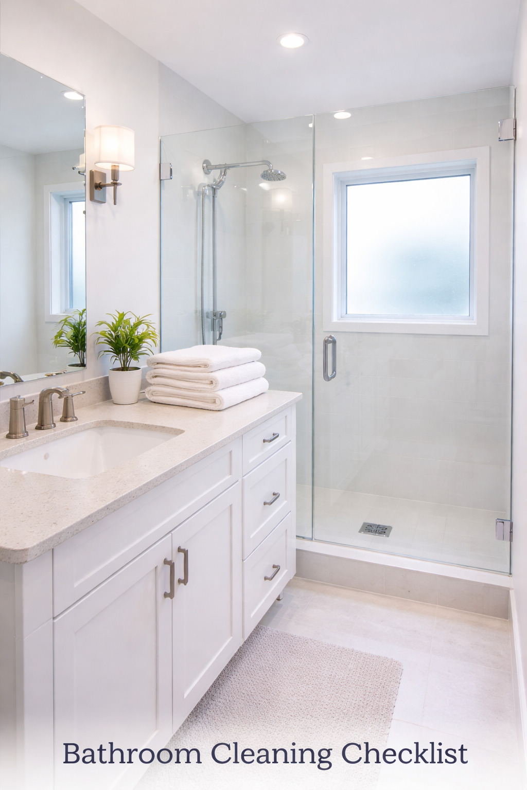 Bathroom cleaning checklist showing a spotless modern bathroom with sanitized surfaces and organized towels