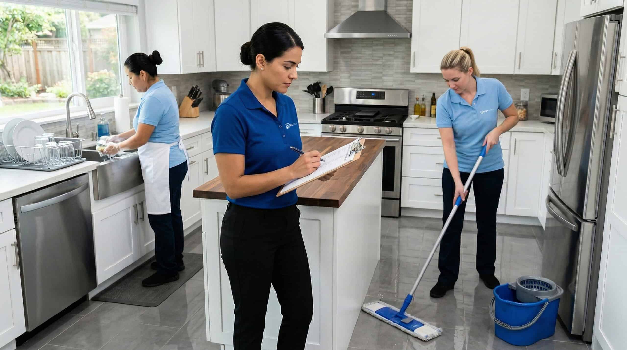 Professional house cleaning team cleaning kitchen countertops and floors in a modern home.