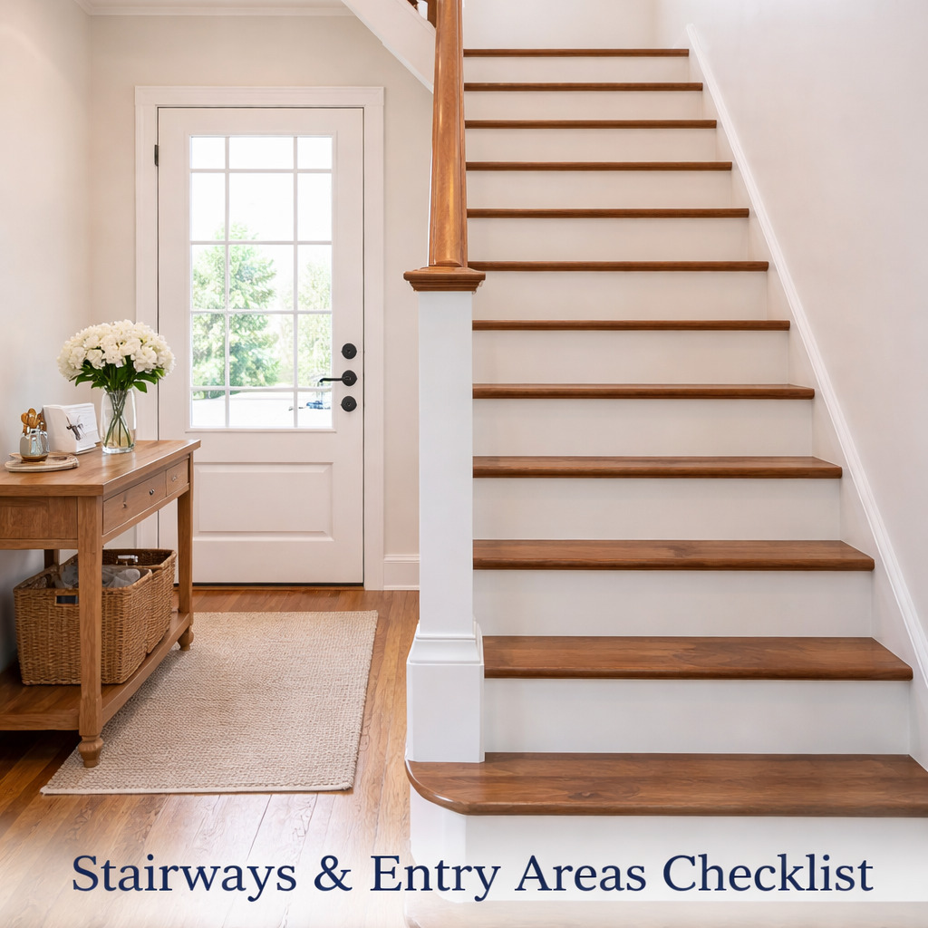 Clean and organized entryway with staircase and door in a home.