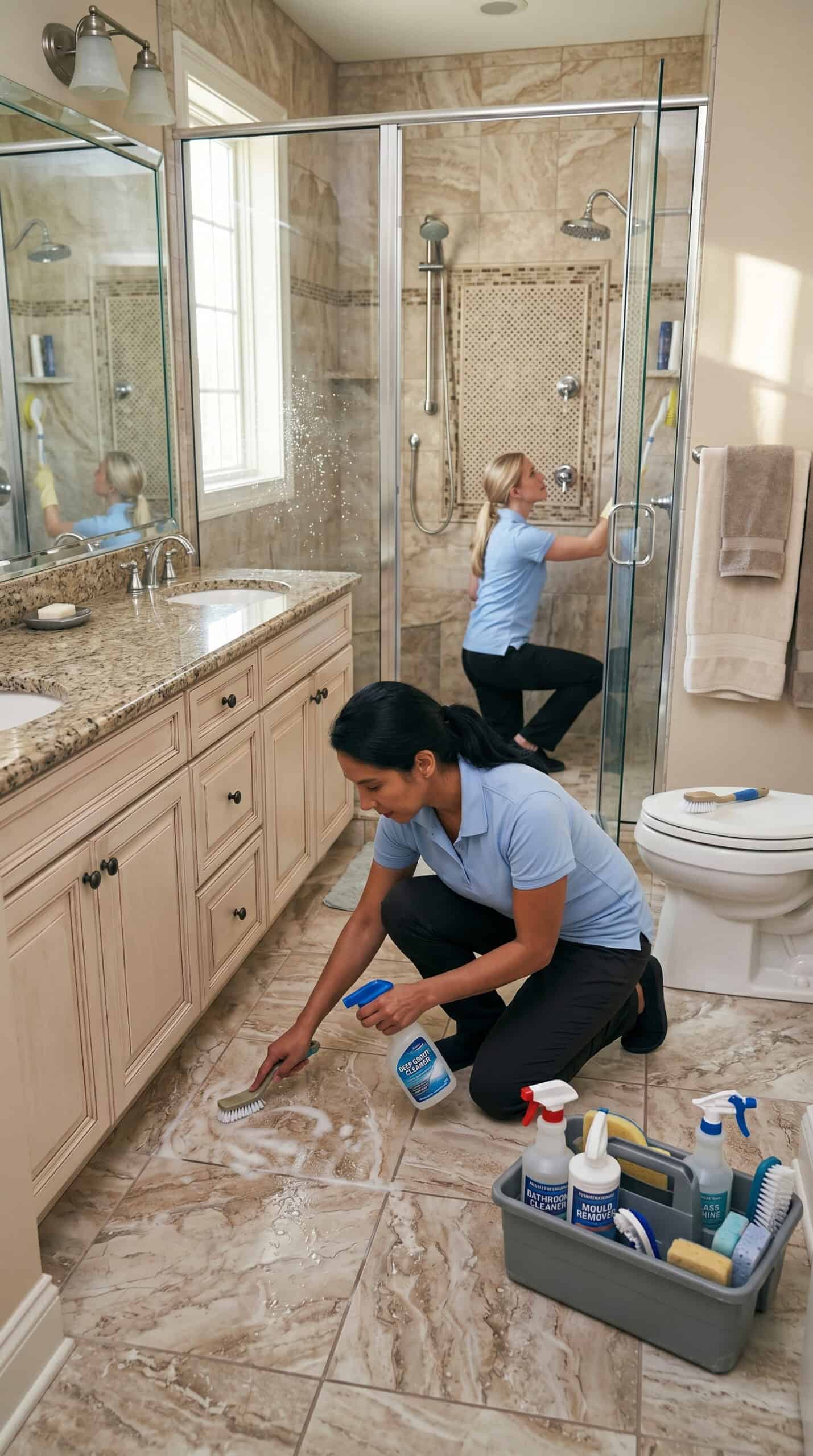 Professional cleaners performing deep bathroom cleaning service in a Chicago home, scrubbing surfaces and removing buildup.