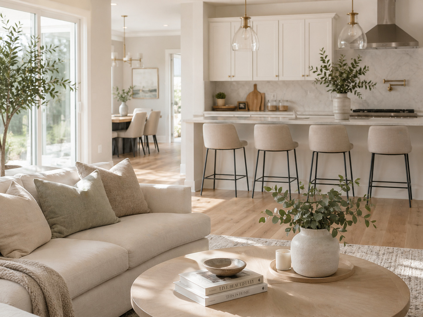 Bright modern home interior after a professional one-time house cleaning service in Chicago with clean organized living room and kitchen space