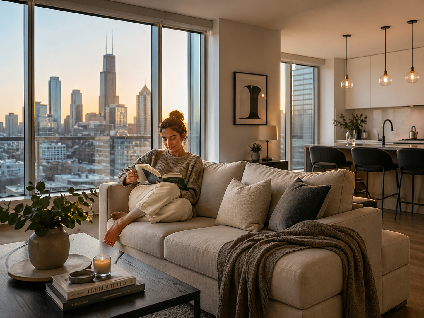 Chicago apartment resident relaxing in a clean organized modern high-rise apartment after professional apartment cleaning service at sunset