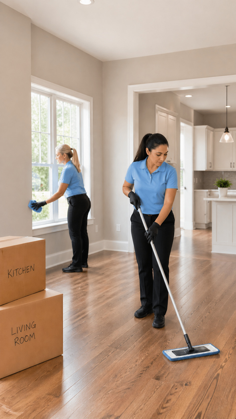 Professional move out cleaning service in an empty Chicago home with cleaners preparing the property for its next occupant.