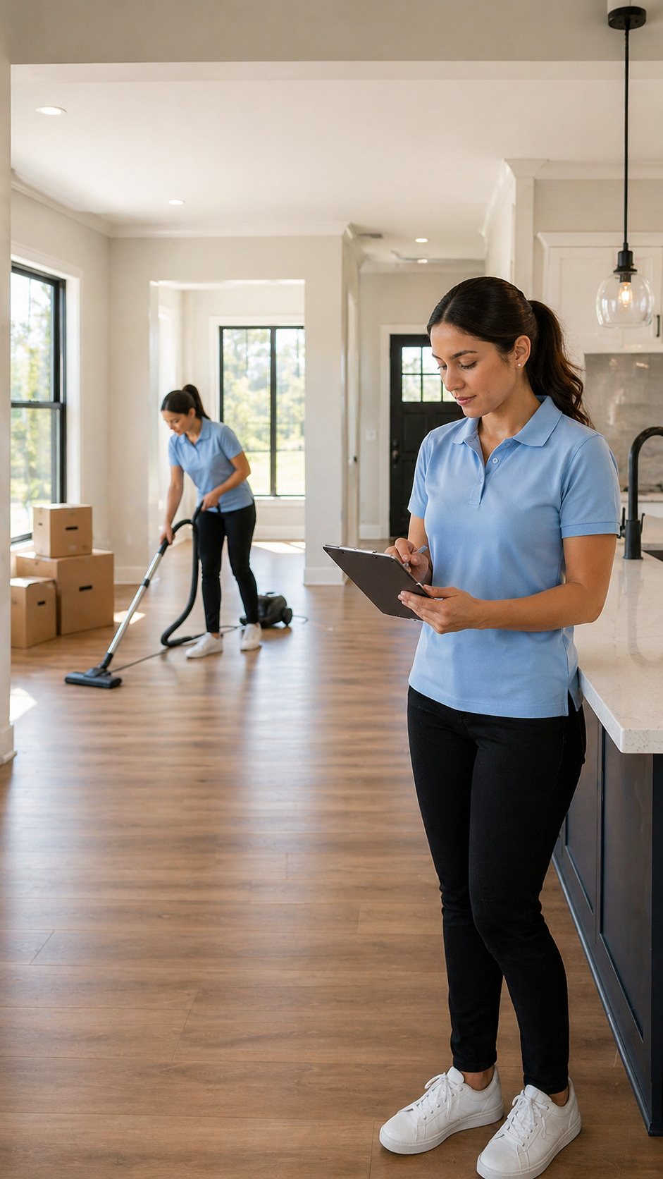 Professional move out cleaning inspection in a modern Chicago home with cleaners preparing the property for final walkthrough and move-in readiness.