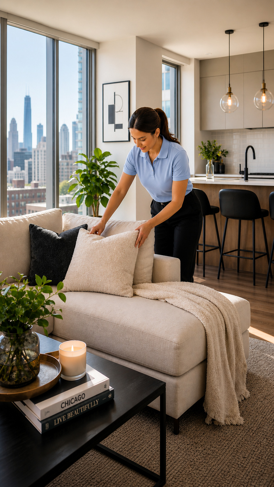 Professional apartment cleaner arranging pillows in a modern Chicago condo living room during apartment cleaning service