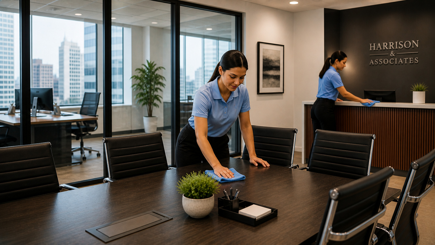 Professional office cleaning team cleaning a modern Chicago office conference room and reception area for a small business workspace