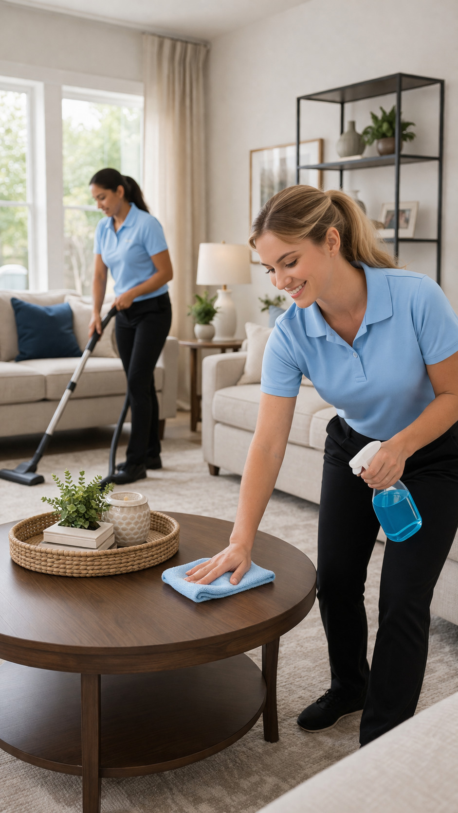 Professional Best Maids cleaners in light blue polos providing recurring house cleaning service in a bright Chicago home.