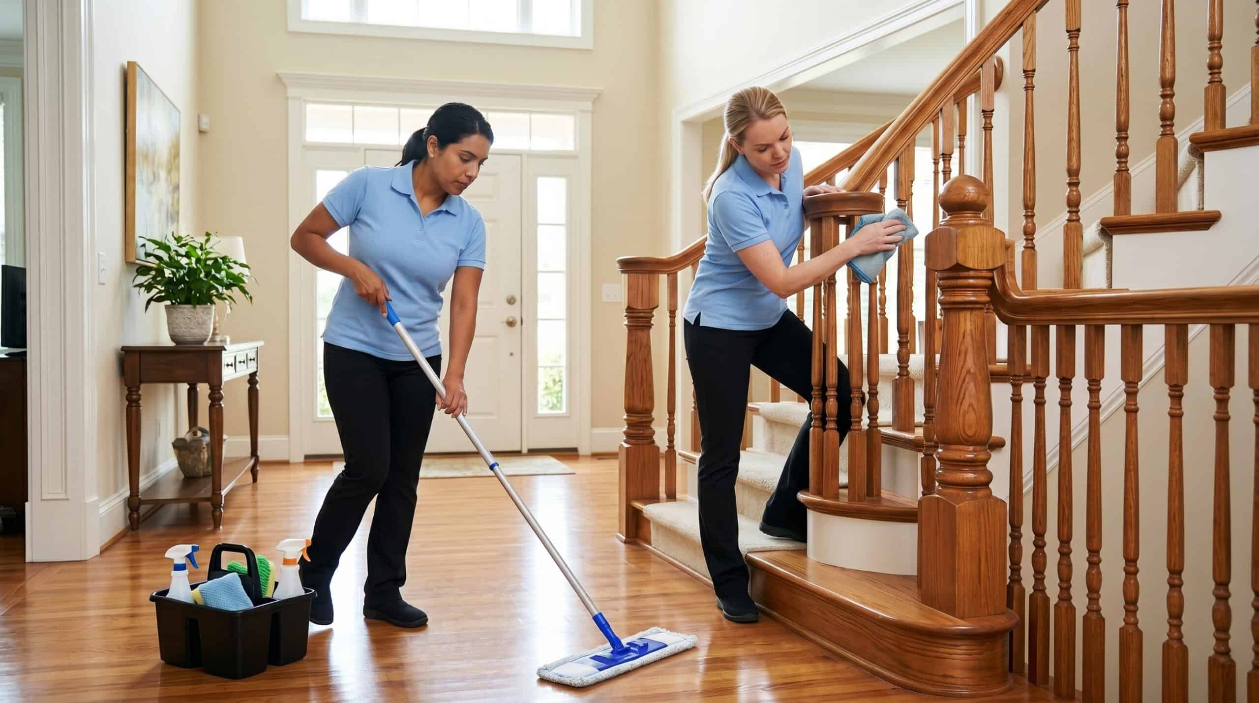 Professional maids cleaning a staircase in a residential home in Chicago.