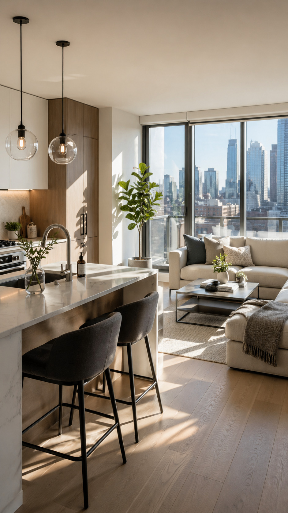 Upscale modern Chicago apartment interior with clean organized living space after professional apartment cleaning service