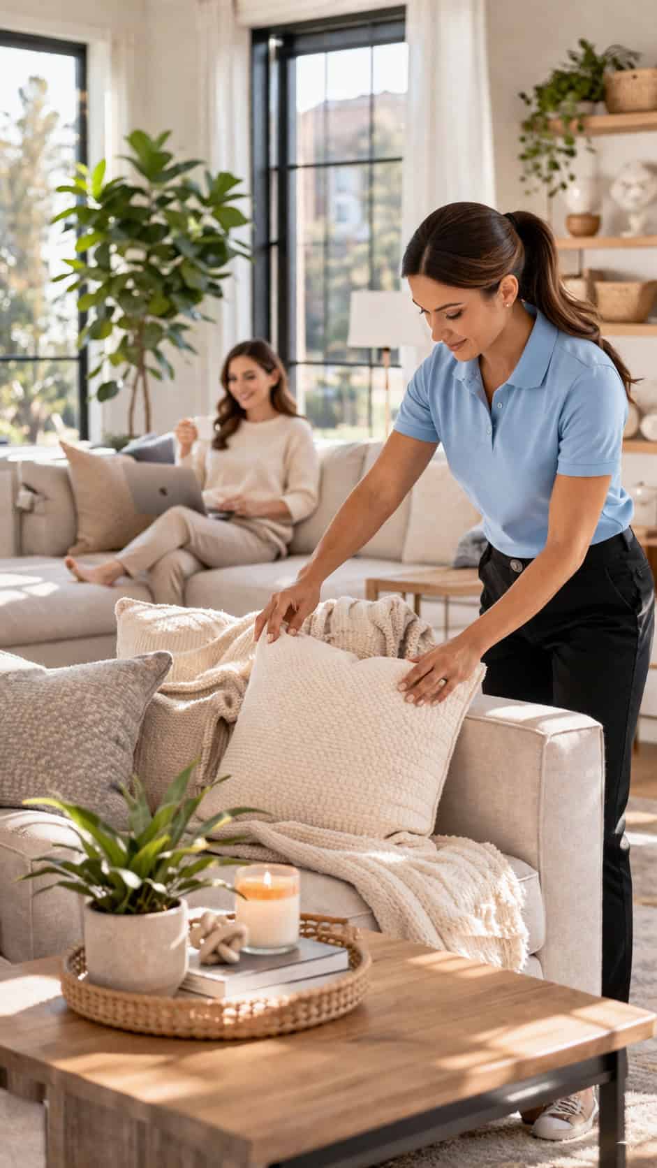 Professional Best Maids cleaner providing trusted recurring house cleaning service while homeowner relaxes in a clean Chicago home.