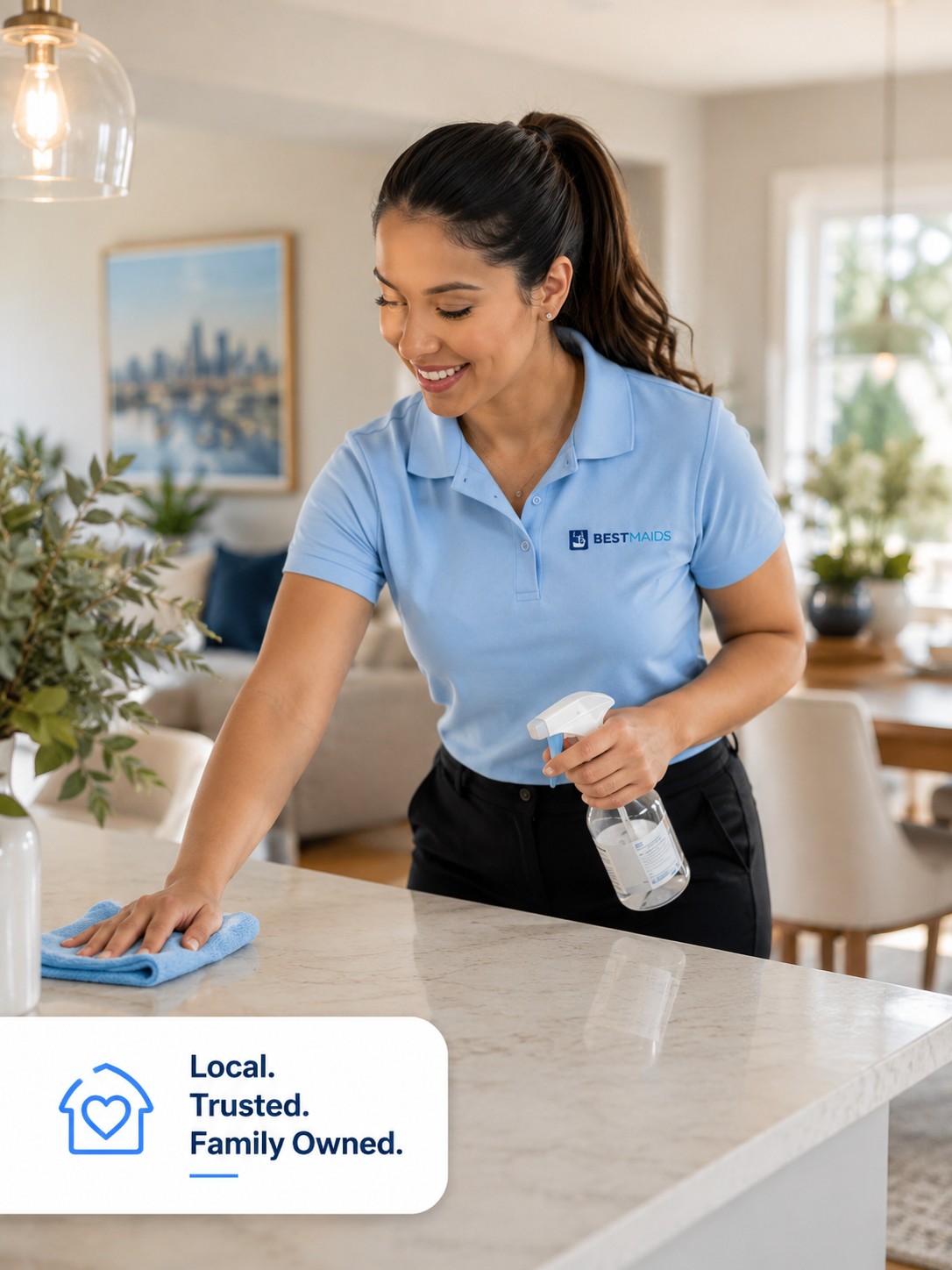 best-maids-about-us-story-cleaning-trusted-family-owned Best Maids cleaner in a light blue polo cleaning a bright kitchen with a badge reading local trusted family owned.