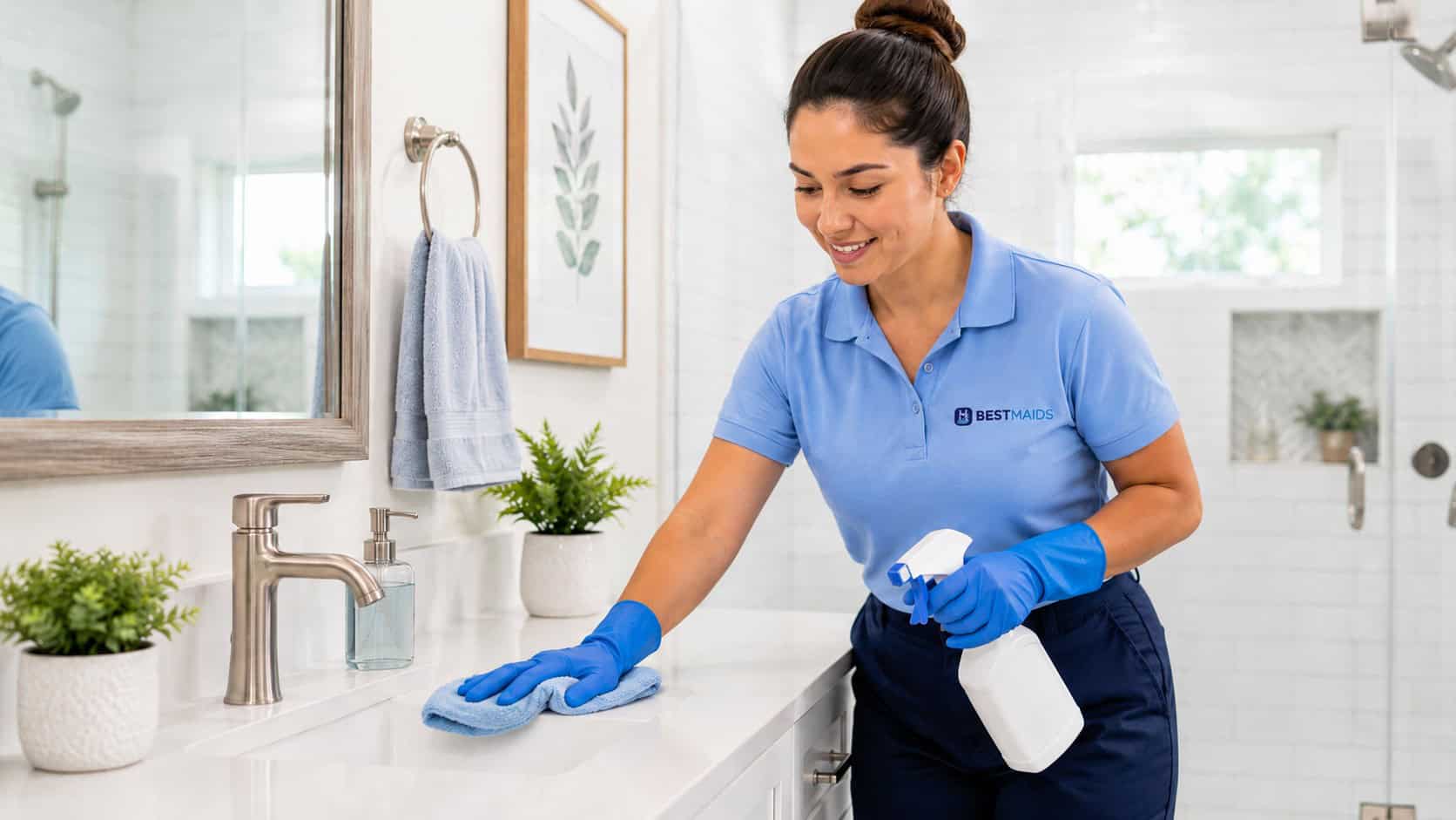 Best Maids cleaner deep cleaning a bright modern bathroom