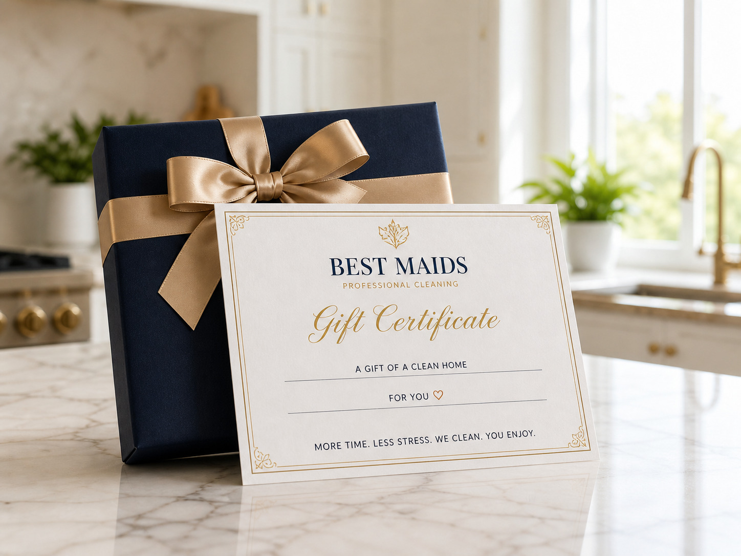Best Maids house cleaning gift certificate on a bright kitchen counter for professional cleaning services in Chicago