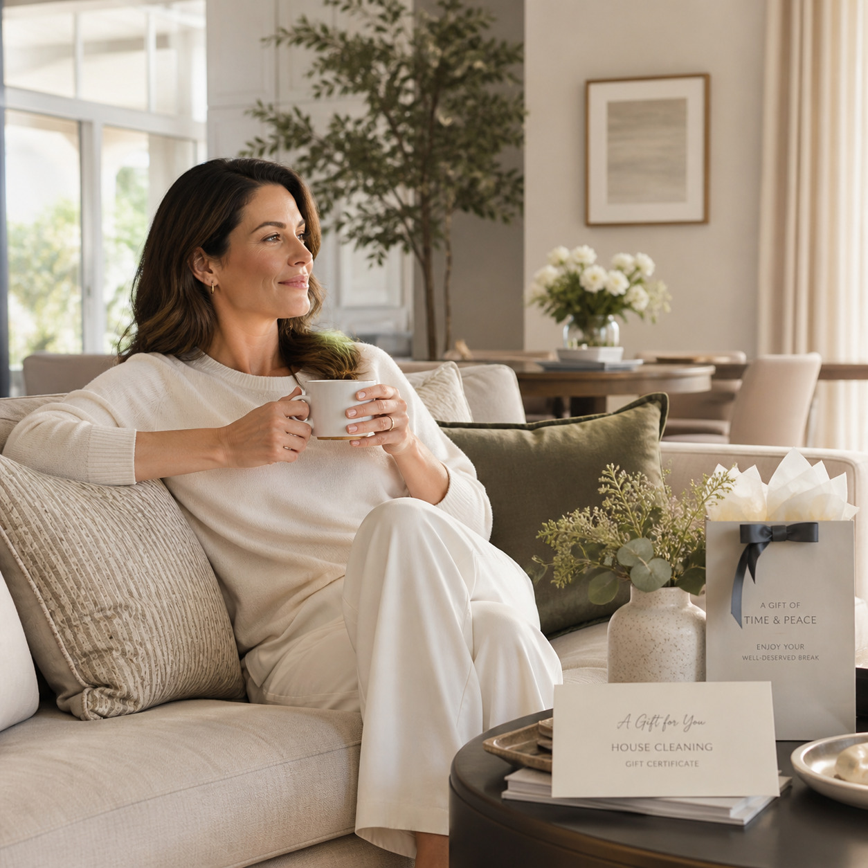 Woman relaxing with coffee in a clean bright living room beside a house cleaning gift certificate, representing a thoughtful home cleaning gift for comfort and peace of mind