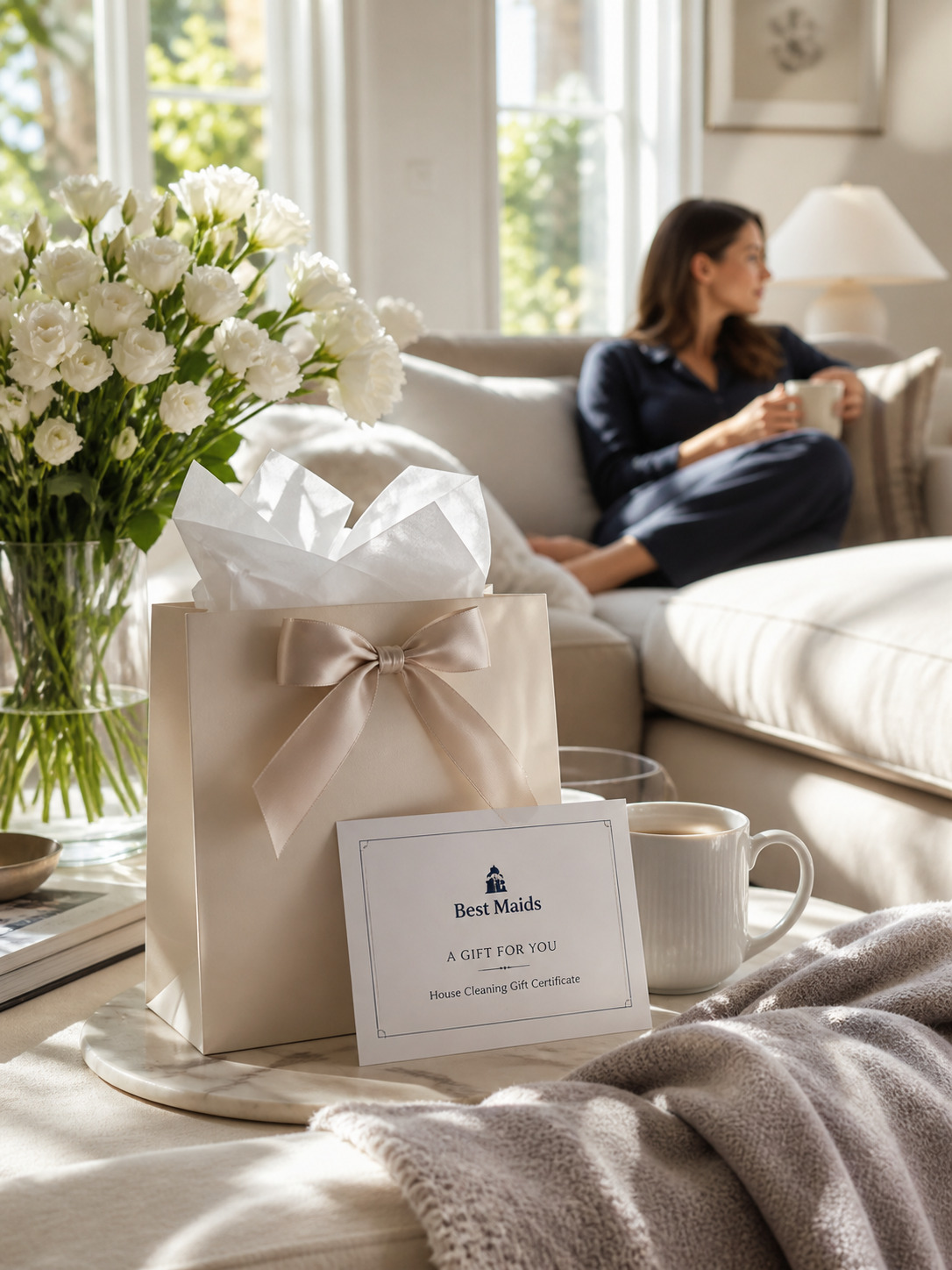 House cleaning gift certificate and gift bag in a bright cozy living room, representing a thoughtful cleaning gift for a cleaner more relaxing home