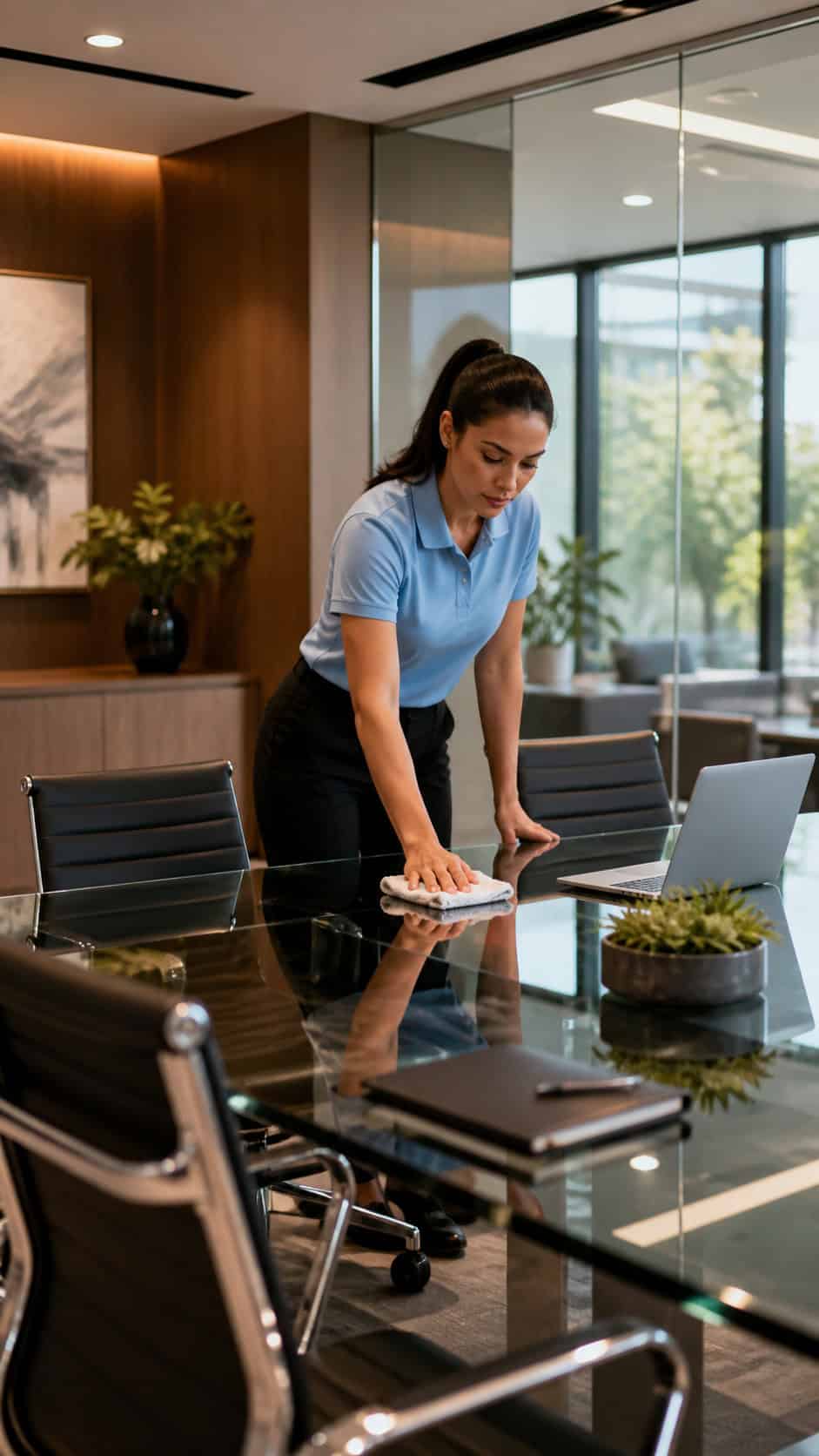 Professional office cleaner wiping a glass conference table in a modern Chicago office during office cleaning service for a small business workspace