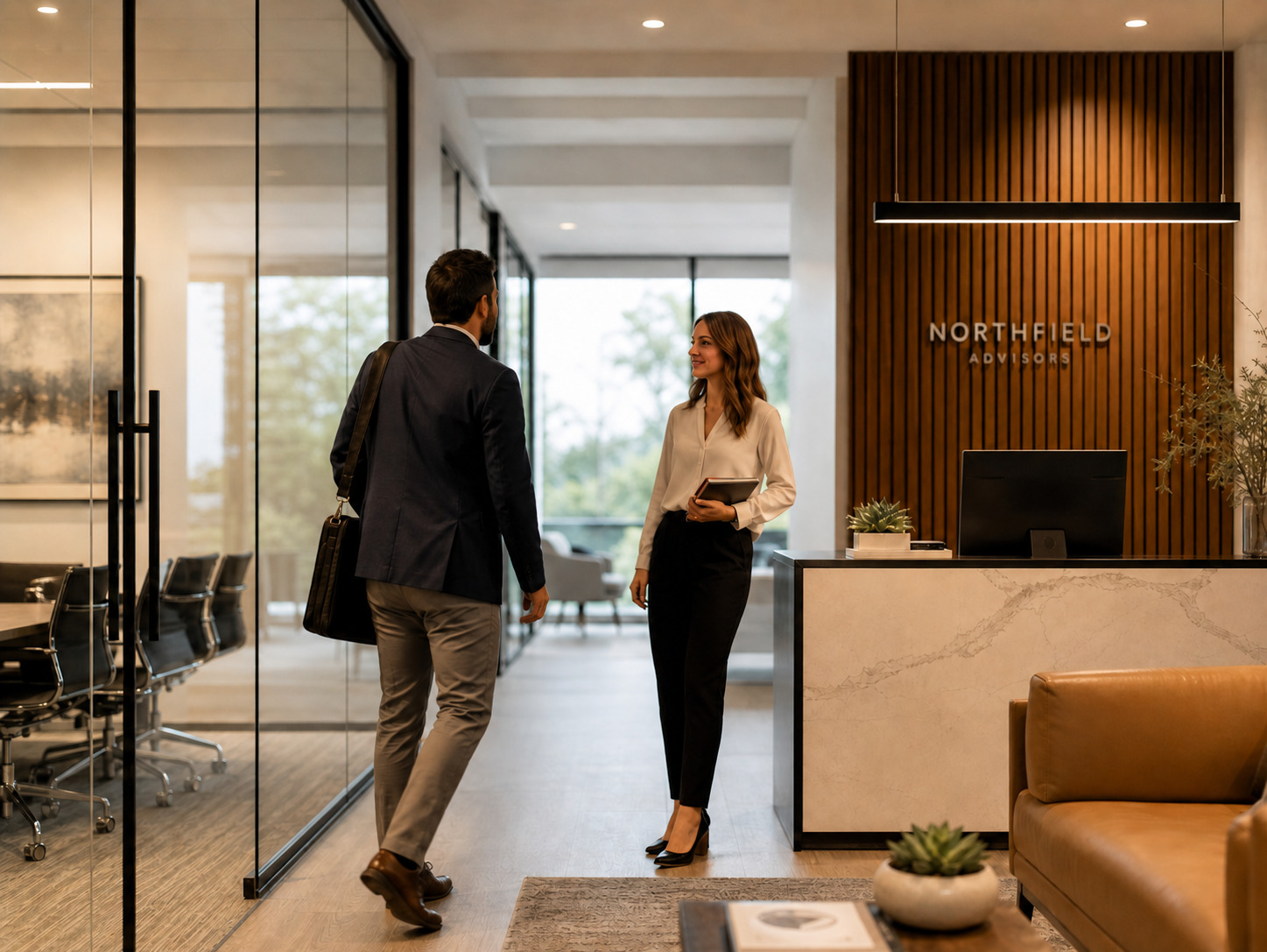 Modern Chicago office reception area with two professionals in a clean upscale business environment, representing office cleaning services for small and medium-sized offices