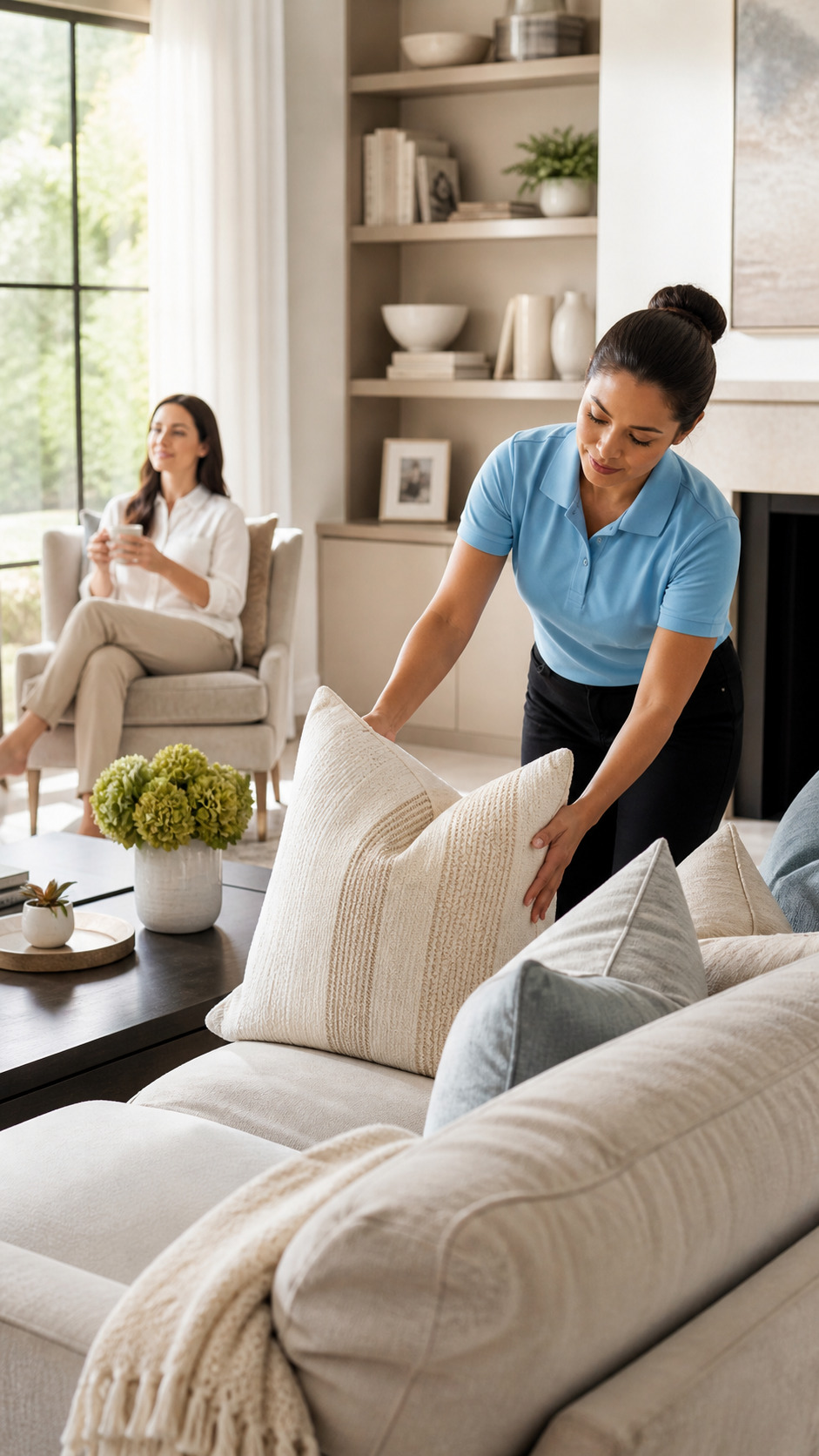 Professional Best Maids cleaner arranging pillows in a bright clean living room while a homeowner relaxes nearby, representing trusted house cleaning services in Chicago and nearby suburbs