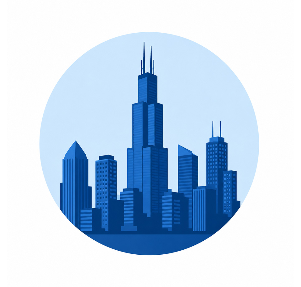 Blue Chicago skyline icon representing Best Maids house cleaning services in Chicago