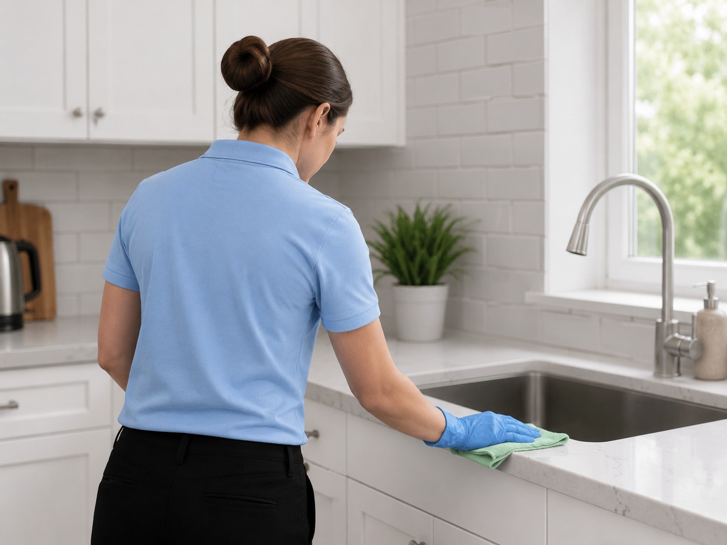 Best Maids cleaning professional in a light blue polo cleaning a kitchen counter