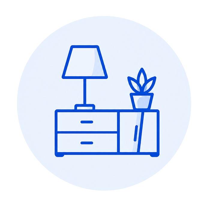 Blue dusting and surfaces icon representing furniture, shelves, décor, and high-touch areas