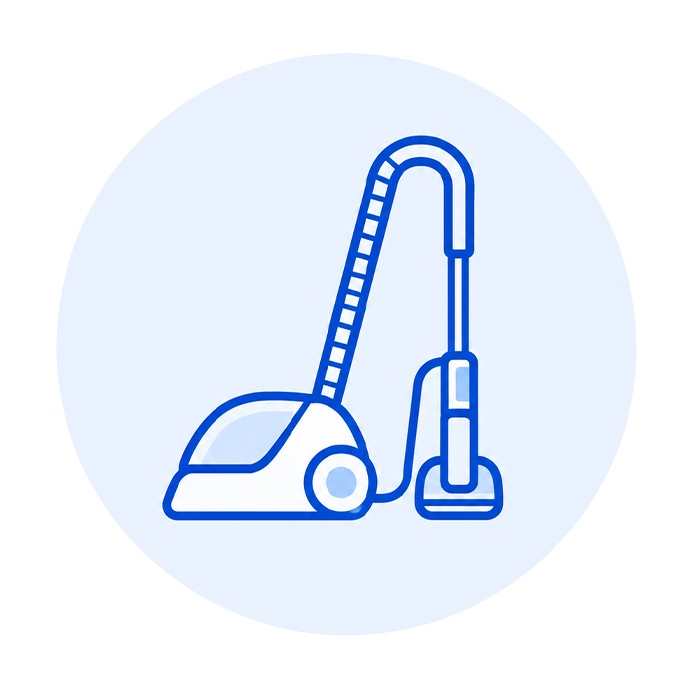 Blue vacuum cleaner icon representing floor cleaning, vacuuming, mopping, and finishing touches
