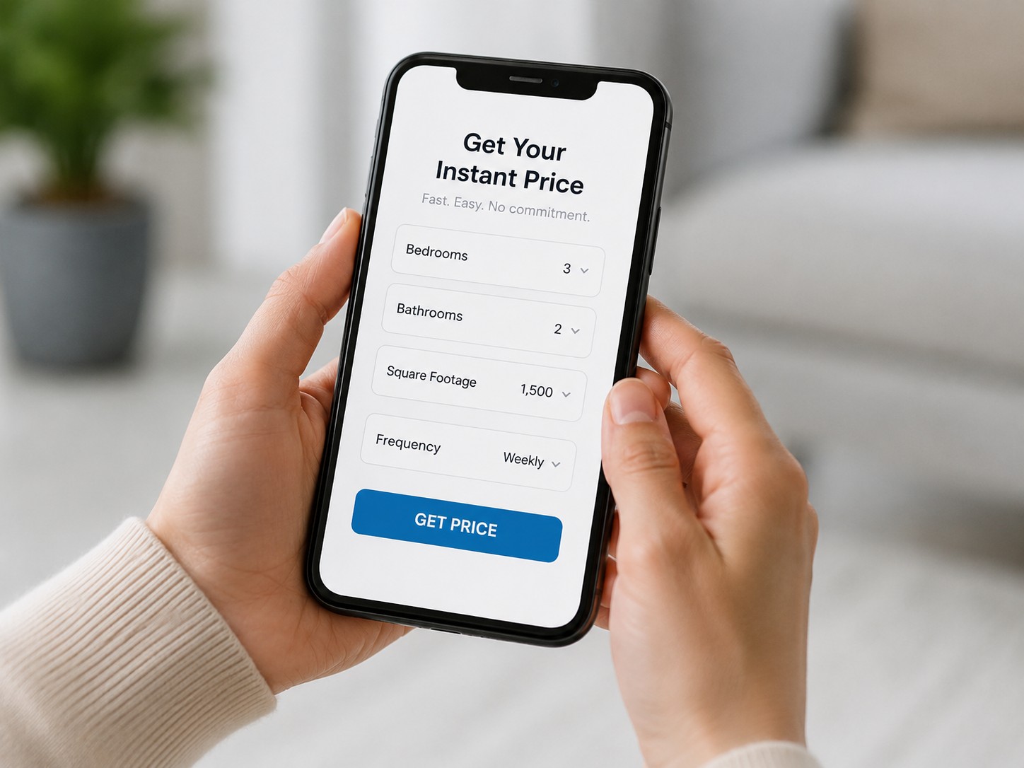 Customer using a phone to get an instant house cleaning price from Best Maids