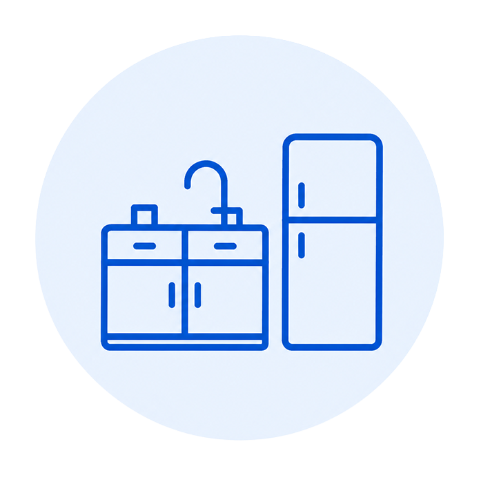 Blue kitchen cleaning icon representing counters, sinks, appliances, and kitchen surfaces