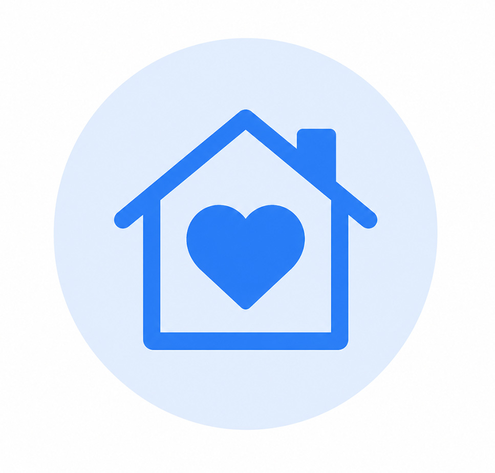 Blue house with heart icon representing respectful house cleaning service