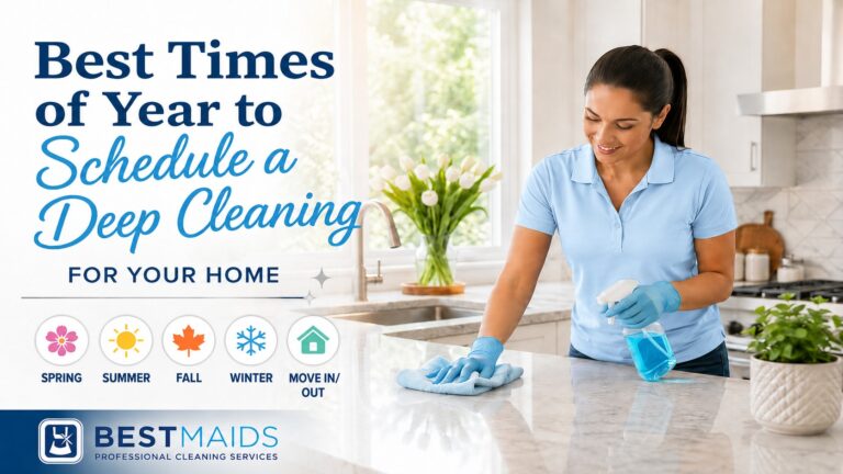 Professional cleaner deep cleaning a bright home kitchen for seasonal house cleaning