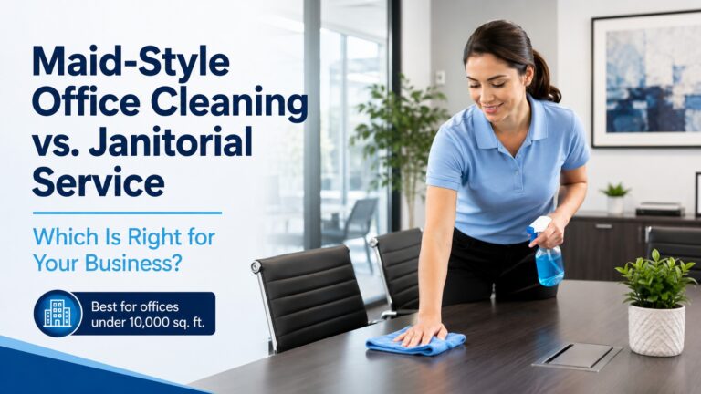 Professional cleaner wiping a conference table for maid-style office cleaning in a small business office
