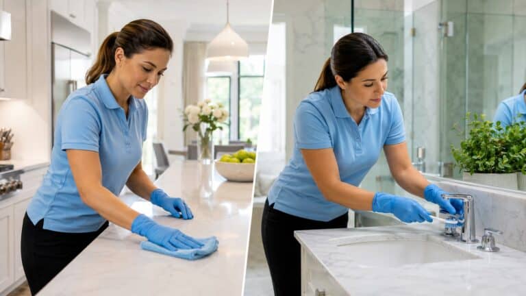 Best Maids cleaners in light blue polos and black pants demonstrating regular kitchen cleaning and detailed bathroom deep cleaning