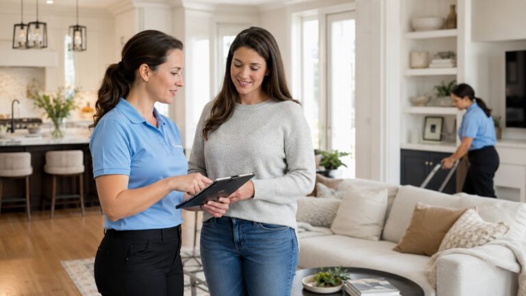Best Maids professional explaining how long house cleaning takes to a Chicago homeowner