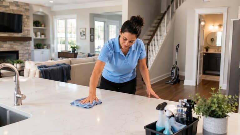 Professional cleaner providing room-by-room house cleaning in a bright Chicago-area home