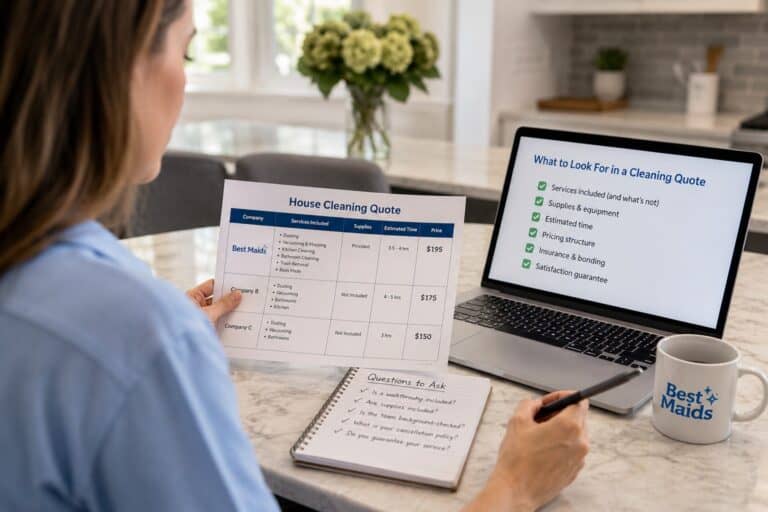 Homeowner comparing house cleaning quotes while a professional cleaner works in the background