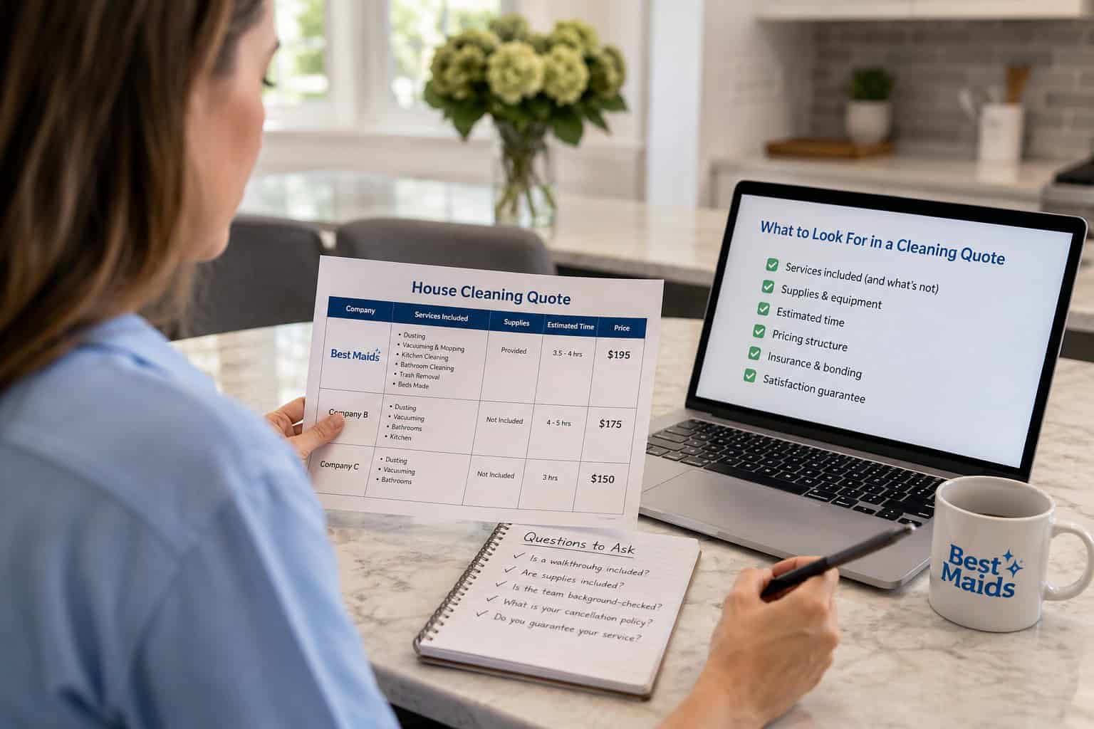 compare-house-cleaning-quotes Homeowner comparing house cleaning quotes while a professional cleaner works in the background
