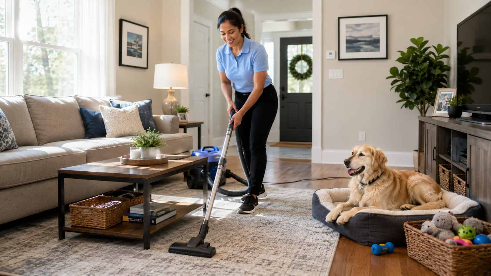 Best Maids professional cleaner vacuuming a home with a dog nearby