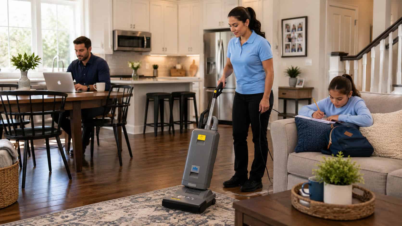 recurring-house-cleaning-busy-families Professional cleaner providing recurring house cleaning while a busy family continues its daily routine