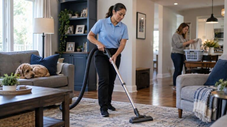 Professional house cleaner in a light blue polo vacuuming a lived-in home while a resident handles household tasks nearby.