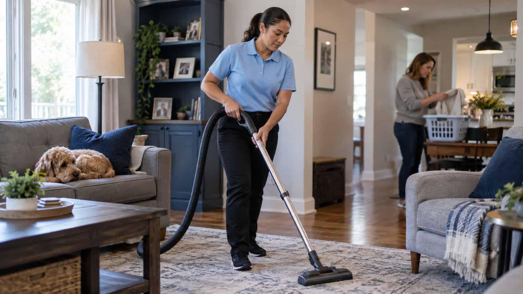 housekeeper-vs-house-cleaning-service Professional house cleaner in a light blue polo vacuuming a lived-in home while a resident handles household tasks nearby.