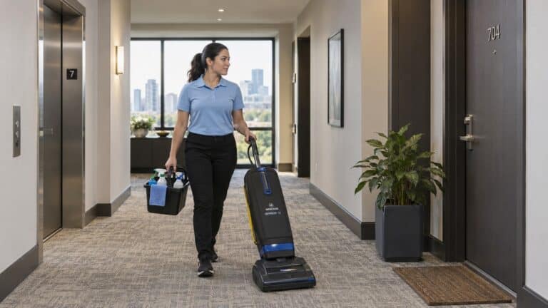 Professional cleaner arriving with cleaning supplies at an apartment near an elevator and unit entrance