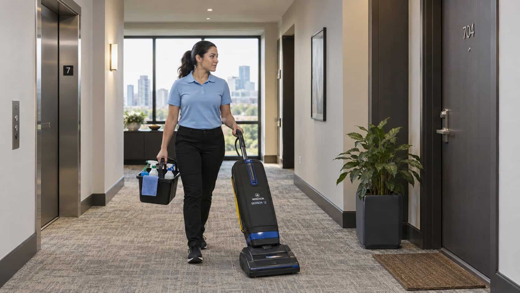 Professional cleaner arriving with cleaning supplies at an apartment near an elevator and unit entrance