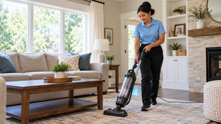 Professional house cleaner wearing a light-blue polo and black pants vacuuming a comfortable living room.