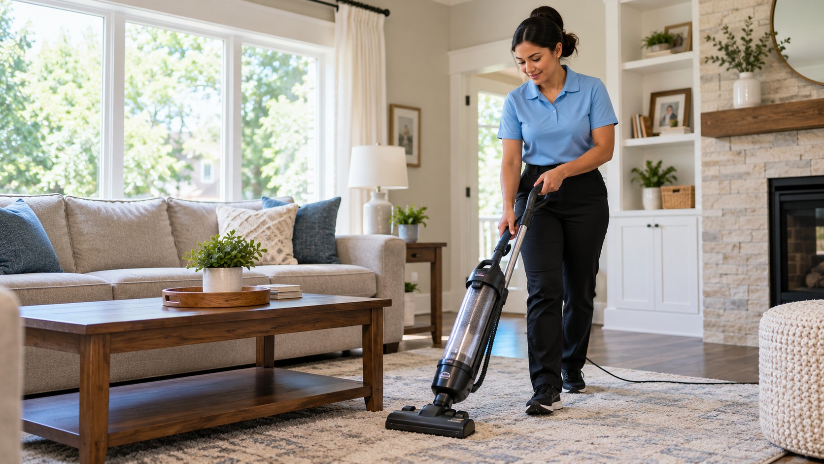 One-Time vs. Recurring House Cleaning Professional house cleaner wearing a light-blue polo and black pants vacuuming a comfortable living room.
